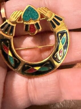 Gold-Tone Multicolor Enamel Claddagh-Style Circle Brooch